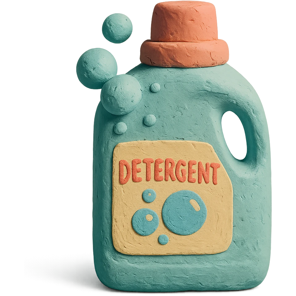detergent bottle in claymation style with bubbles and a playful label, pastel palette emoji