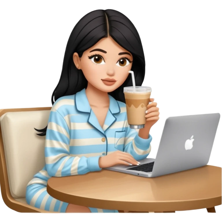 Kylie Jenner sitting learning on macbook in her luxury summer home, she wears Skims pajama and she's drinking 1 iced latte emoji