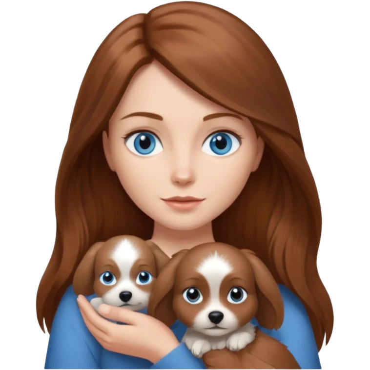 long hair chestnut color blue eyes woman holding small grey dog emoji