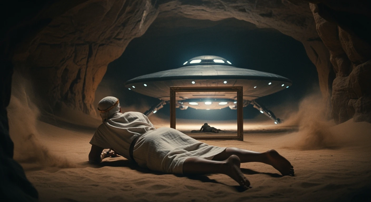 cinematic still, documentary photography, acient egypt, back shot of a man dress in ancient clothes in cave (frame in frame effect) on ground laying front of ufo starship, sand flying around, dynamic scane, leading lines, captured by arri alexa emoji