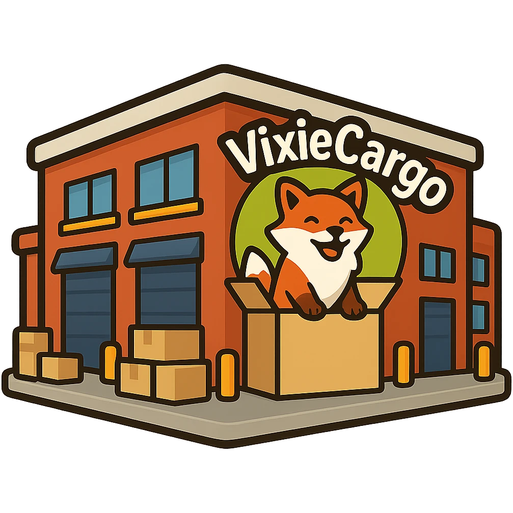 Remove the stroke or outline from the parcel warehouse building emoji with the Vixie Cargo logo and more parcels outside, keep the color scheme and no background. emoji