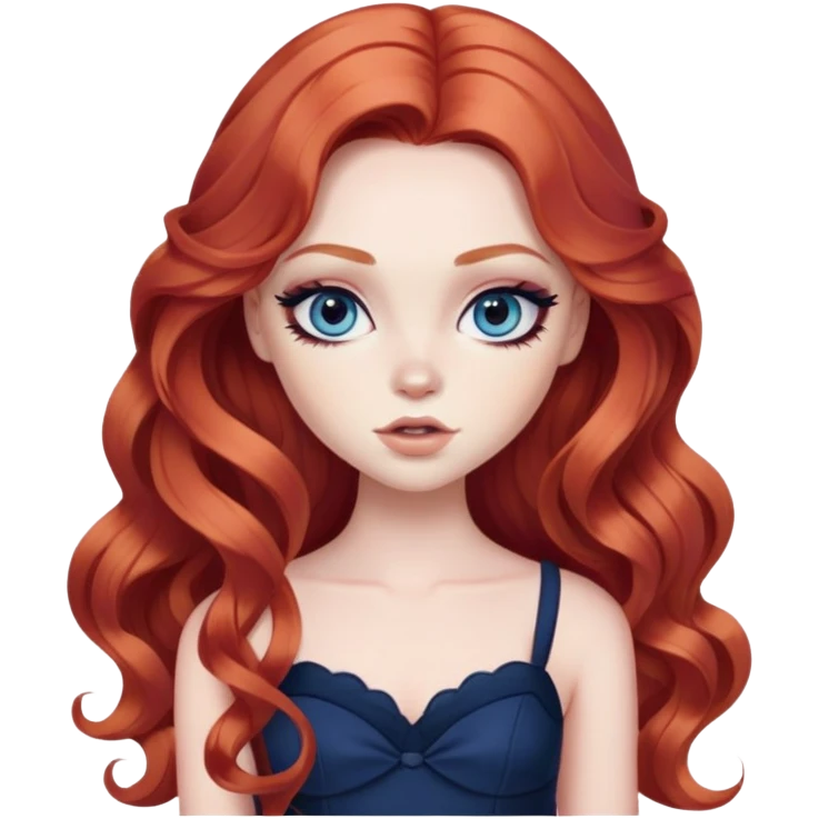  long wavy red hair, pale skin, dark blue eyes, pretty bratz baddie, black eyeliner, blush emoji