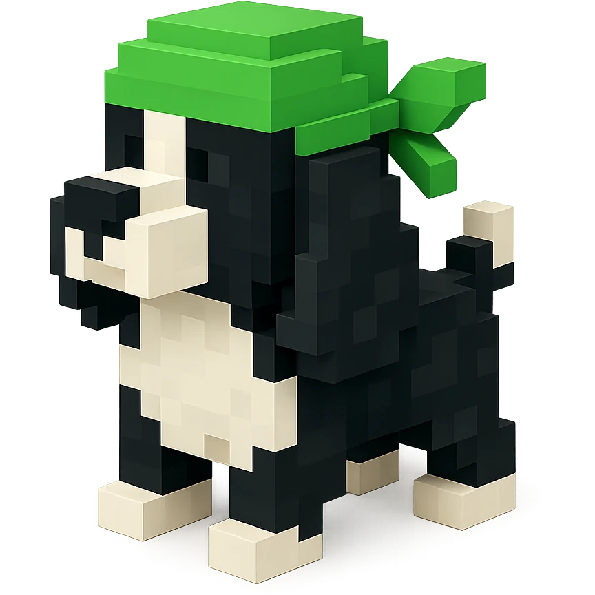 A black and white Russian Cocker Spaniel puppy wearing a green durag, voxel style, facing left emoji