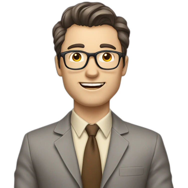 To belt Actively gesturing with hands Pale skinned fit man with dark brown hair in gray jacket, beige office shirt, brown tie, brown pants and vintage glasses. emoji