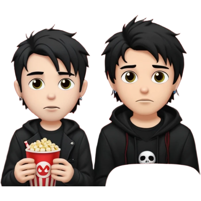 pale Goth boy with a bunch of face piercings, with shaggy dark brown hair, next to a tan skin gamer boy with long black hair , they are watching a movie in the theater together  emoji