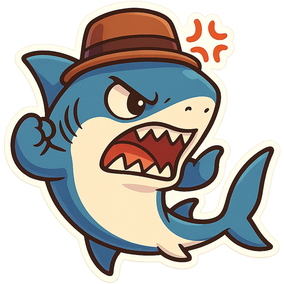 mad shark wearing a hat, expressive, dynamic pose, chibi stickers style, vibrant colors, energetic emoji