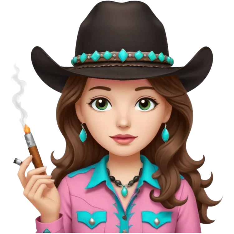 White girl, black cowboy hate with turquoise hat band sparkling, long brown wavy hair, pink western shirt, smoking a joint emoji