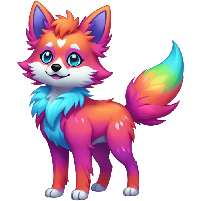 Vibrant multicolored neon-colored Falvie-Fionbri-creature-sparkle-dog-fursona, full body emoji
