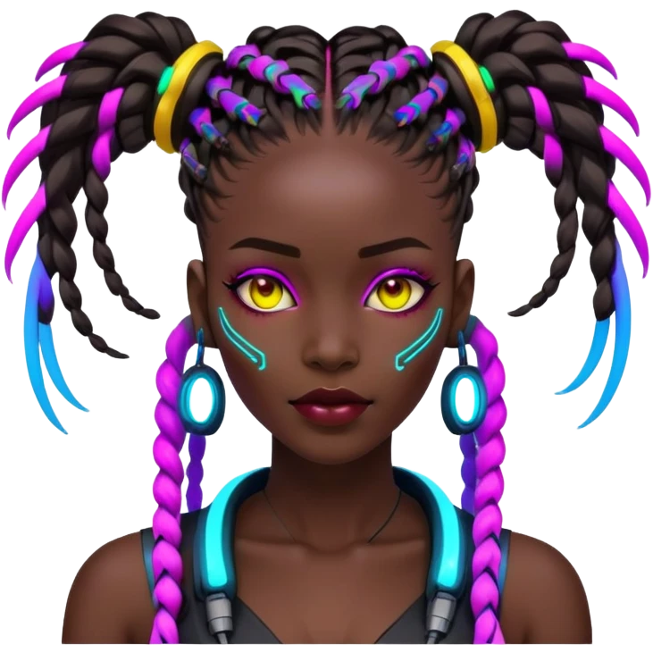 Cyberpunk African woman with futuristic braids, neon glowing accessories, tech implants, and vibrant colors emoji