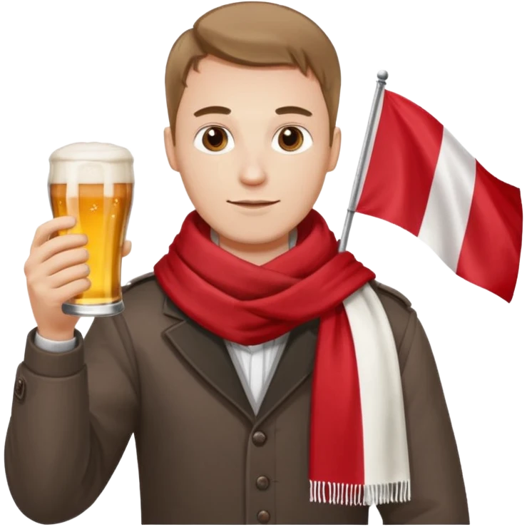 A man wearing a red and white scarf holding a Polish flag in one hand and a beer in the other emoji