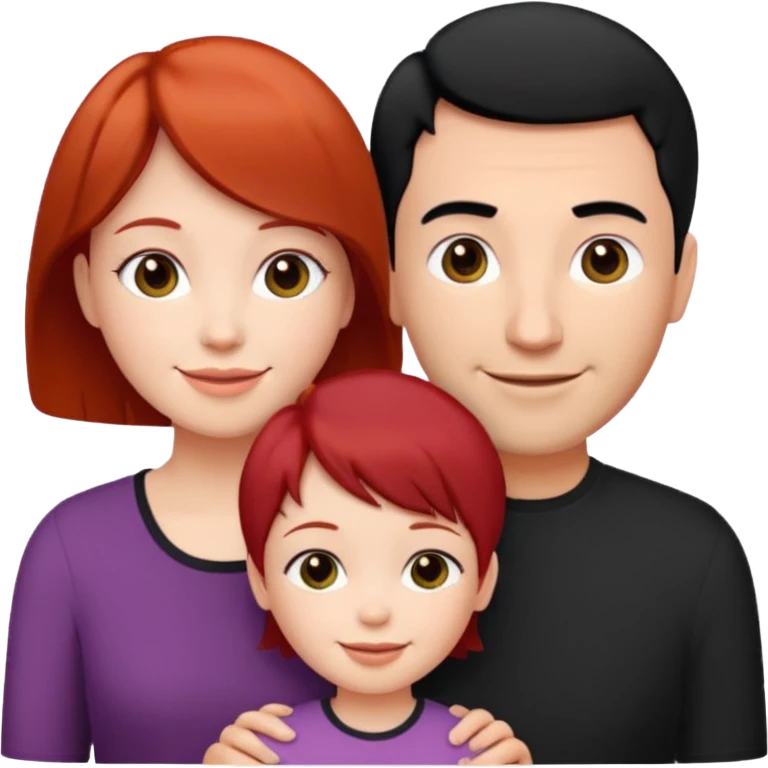a family of three, all three white: the mother with short red hair, the father with black hair, and the daughter with black hair girl emoji