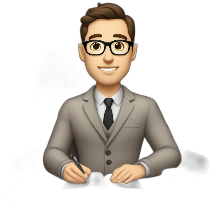 Pale skinned Fit Man With dark brown hair in gray jacket, beige office shirt, Brown pants and vintage glasses sitting In a soft chair with a notebook with emblem Ψ and a pen in his hands emoji