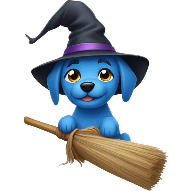 Blue Dog riding a broom with a witch hat emoji