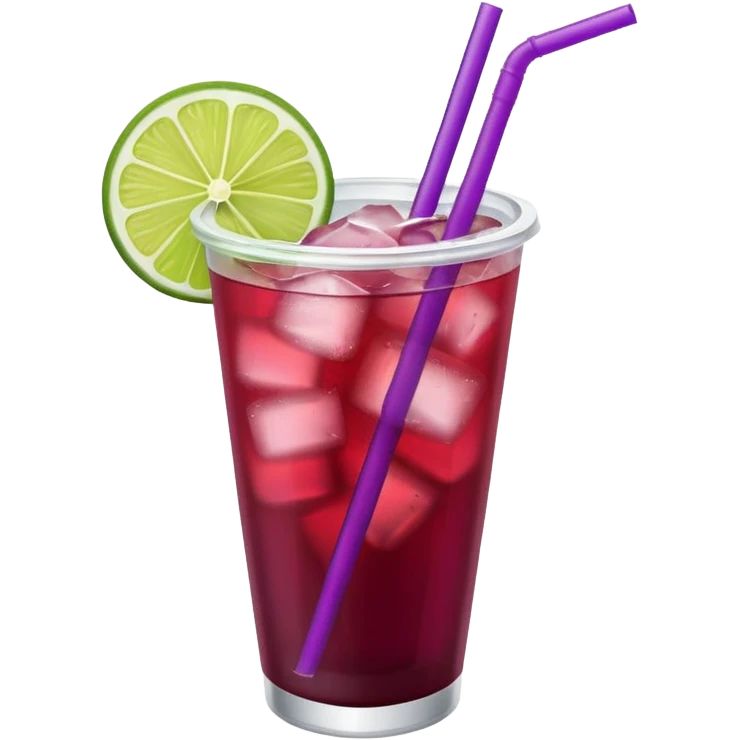 maroon purple cocktail with a lime wedge in the drink in a plastic cup with lid and straw

 emoji