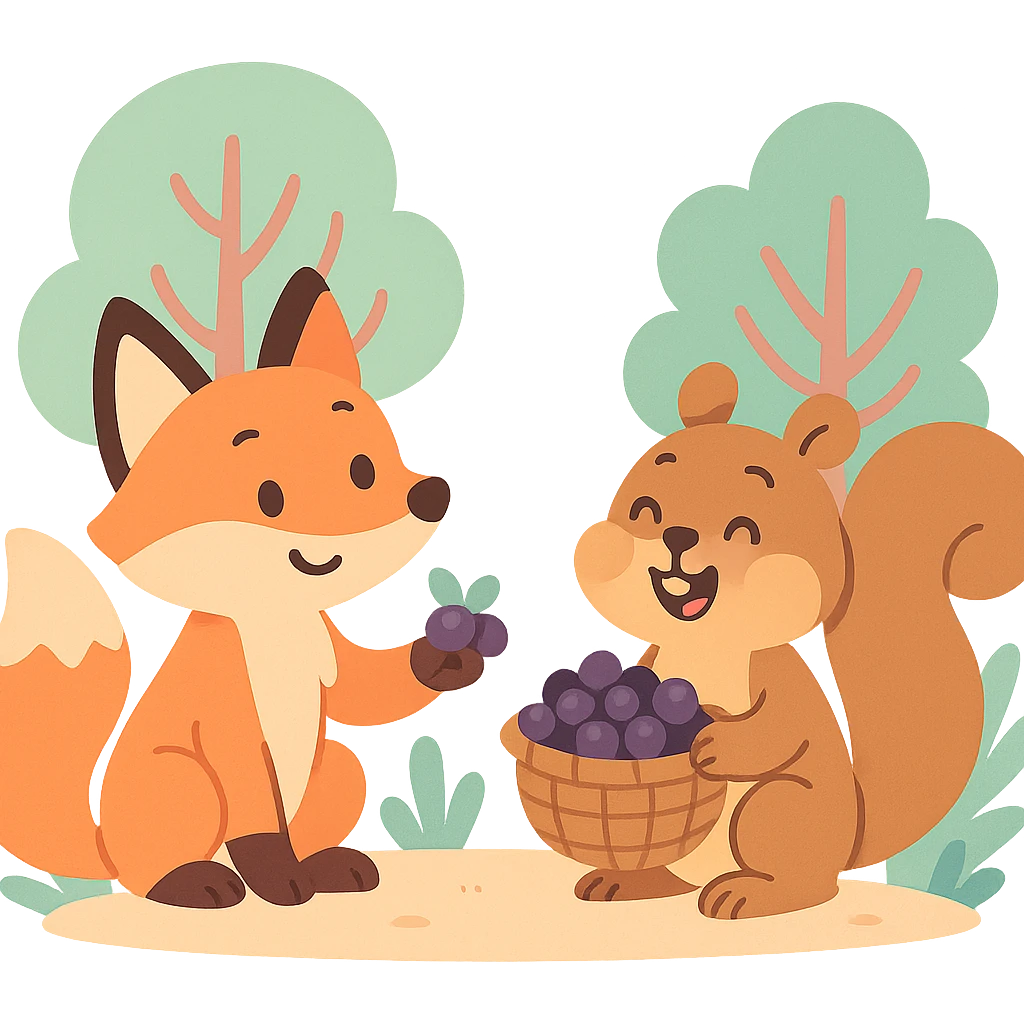a fox and squirrel sharing berries in a forest friendship scene, pastel toon style emoji