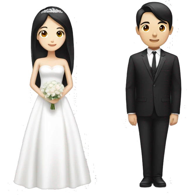 Please draw an east-asian woman with black long hair in white wedding dress on the left side and a east-asian man with black short hair in black wedding suit. emoji
