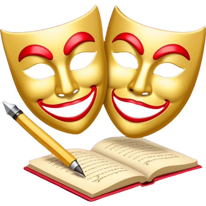 Create a bold and dramatic emoji representing the art of playwriting. The design should feature an open script or a theater playbook, with stylized text inside. Include elements like a theatrical comedy and tragedy masks, a stage spotlight, or a writting quill to symbolize creativity and performance. Use deep, contrasting colors like red, black, and gold to evoke the intensity and passion of drama. The overall design should feel dramatic, inspiring, and artistic. Make the background transparent. emoji