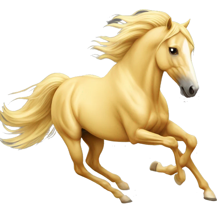 Yellow palomino horse with long flowing mane galloping with prosthetic leg, slender horse, solid yellow horse, running, yellow horse galloping with prosthetic leg, pretty horse emoji