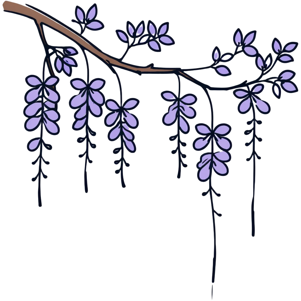Artistic Japanese wisteria (fuji) flower with sumi-e inspired brush strokes, hanging lavender bloom clusters, zen minimalist aesthetic with subtle ink wash background emoji