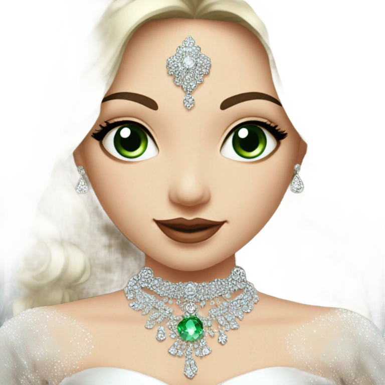 Hyper Realistic ornate ballgown long sleeve Wedding dress with diamanté on Russian bride with pale skin and green eyes and long black hair with veil and diamond jewelry hyper realistic  emoji