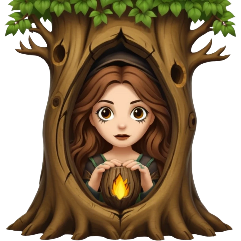 ute forest witch woman long wavy brown hair tattoos peeking from tree hollow emoji