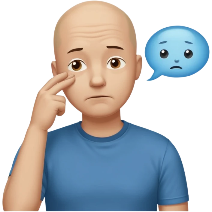 bald man with t-shirt, doubting face but not sad, hand on chin looking up, thought bubble emoji