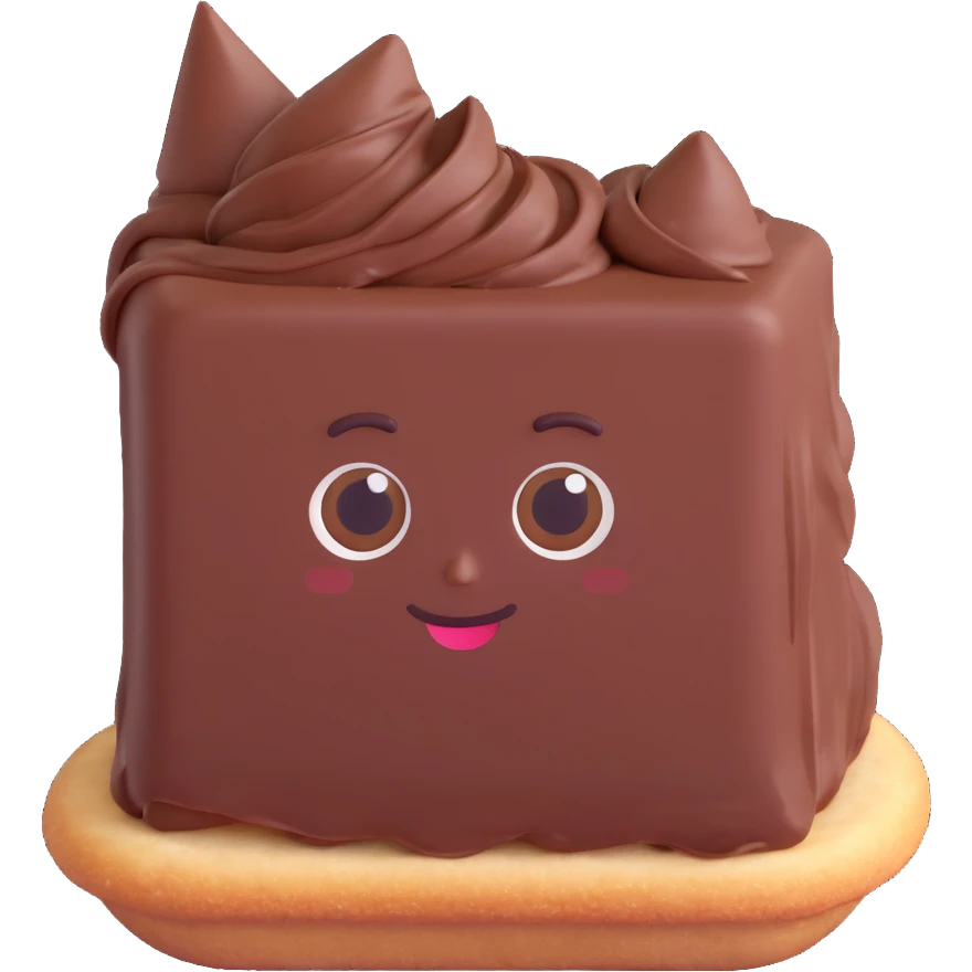 Rectangular chocolate mini pastry, palav mischievous eyes, tilted slightly, small grin, text above: "ПАСТИЧКА", chibi style, Twitch emoji style, transparent background, colorful

 emoji