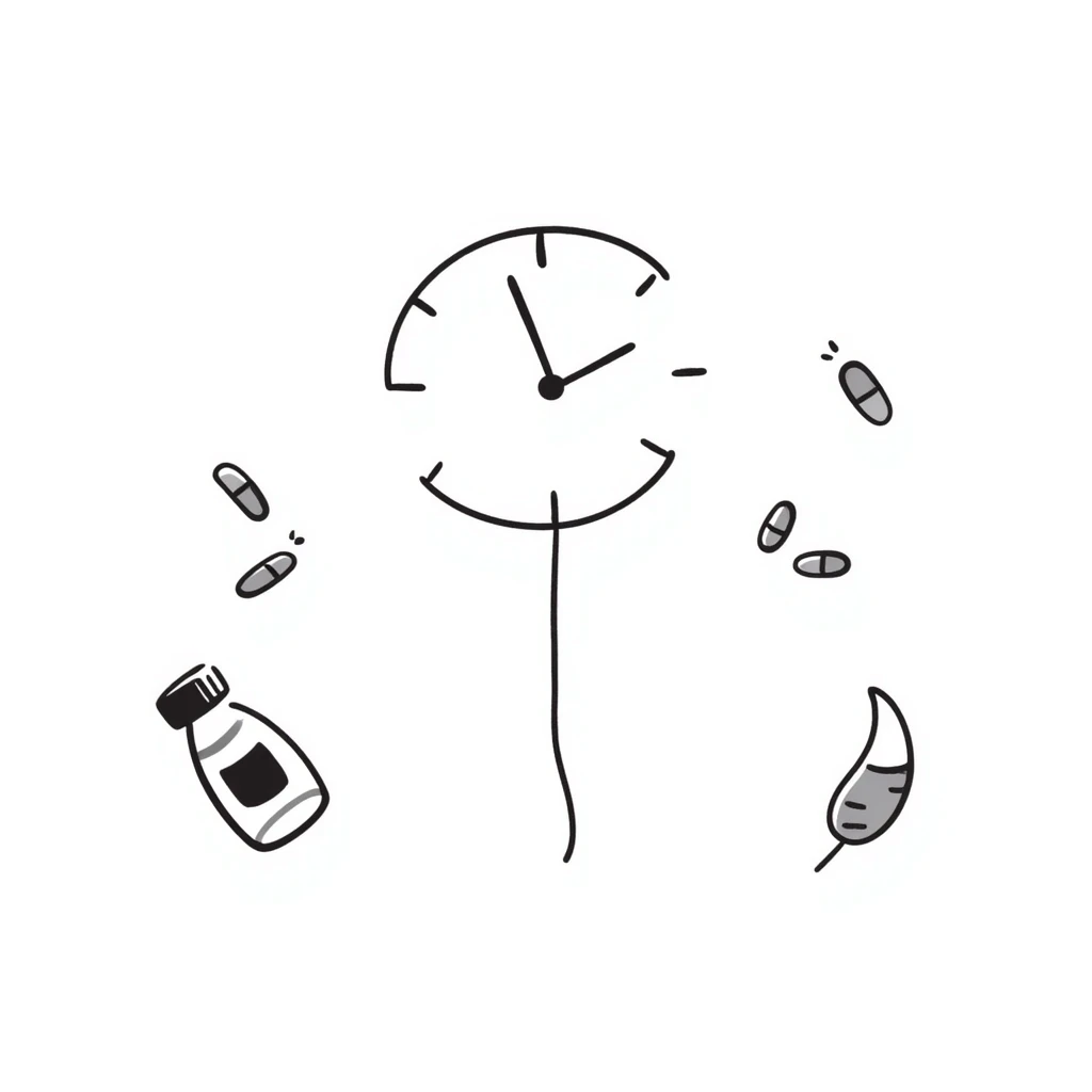 wall clock with pills around it and a syrup bottle, hand drawn doodle style emoji
