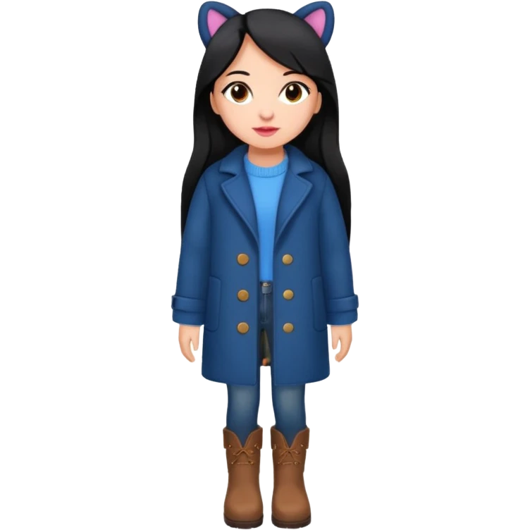 Gordita, ojos pequeños de color cafe oscuro, labios pequeños y rosados, piel trigueña, orejas pequeñas, cabello largo lazio y negro, pequeña. cuerpo completo. vestida con saco de lana jean color azul y botas color café. No le pongas orejas emoji