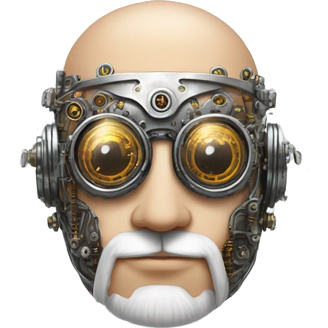 Bald cyborg head with silver steampunk goggles, white beard and circuits emoji