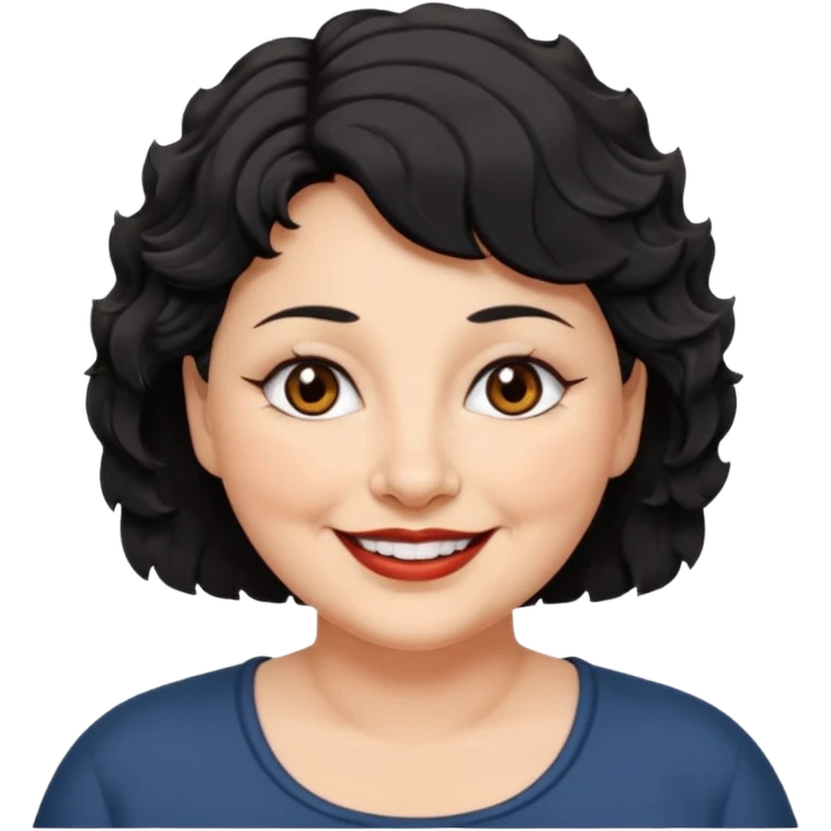 woman 60, brown eyes, very short black wavy wolf cut hair, chubby smile no lipstick emoji