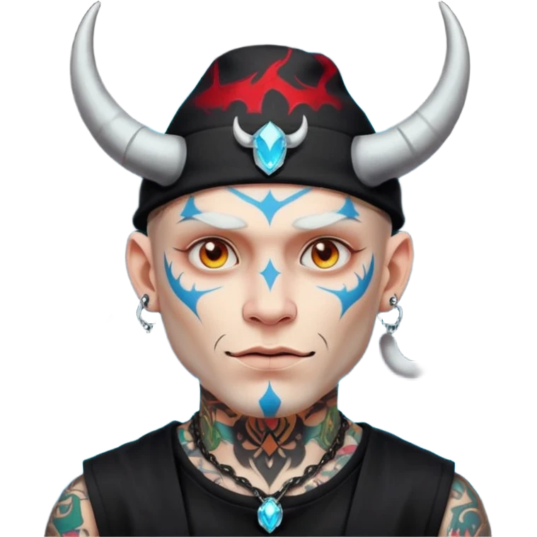 white skin Rock-style man — piercings, glowing tattoos on face, black hat with horns emoji