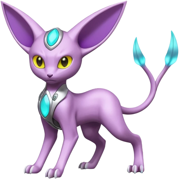 Mechanical Miraidon-Espeon-Mewtwo-Fakémon-hybrid-creature (full body)  with yellow eyes and cyan markings emoji