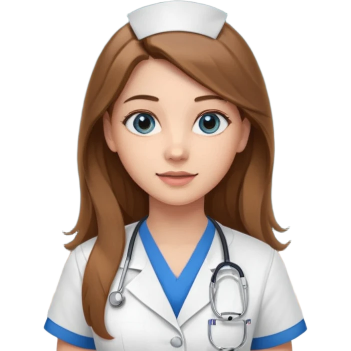 pretty female nursing student with long brown hair, blue eyes inside a classroom at university with blackboard behind her emoji