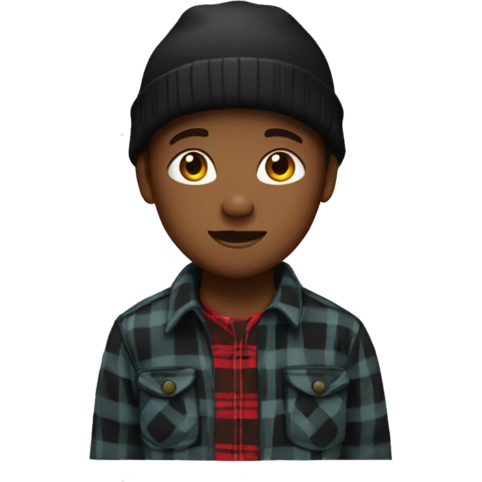 Boy wearing a black Bennie and a flannel shirt emoji