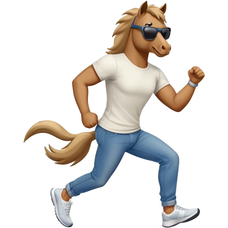 friendly anthropomorphised stallion in jeans and a t-shirt, wearing dark sunglasses, jogging upright in standard pose emoji