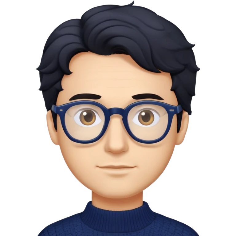 Man with wavy black hair in a comfortable navy blue sweater and glasses emoji
