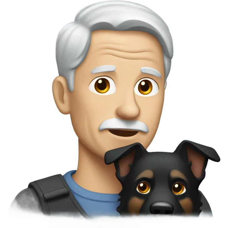Old man with little brown hair carrying a black German shepherd dog emoji