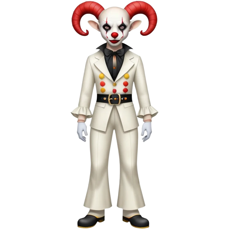 full-body demonic clown in a white leisure suit with bellbottom pants, bald, with black ram horns, flashy belt, ruffled shirt, no neck tie emoji