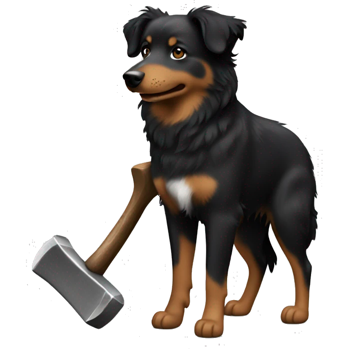 Small black australian shepherd dog building with hammer  emoji