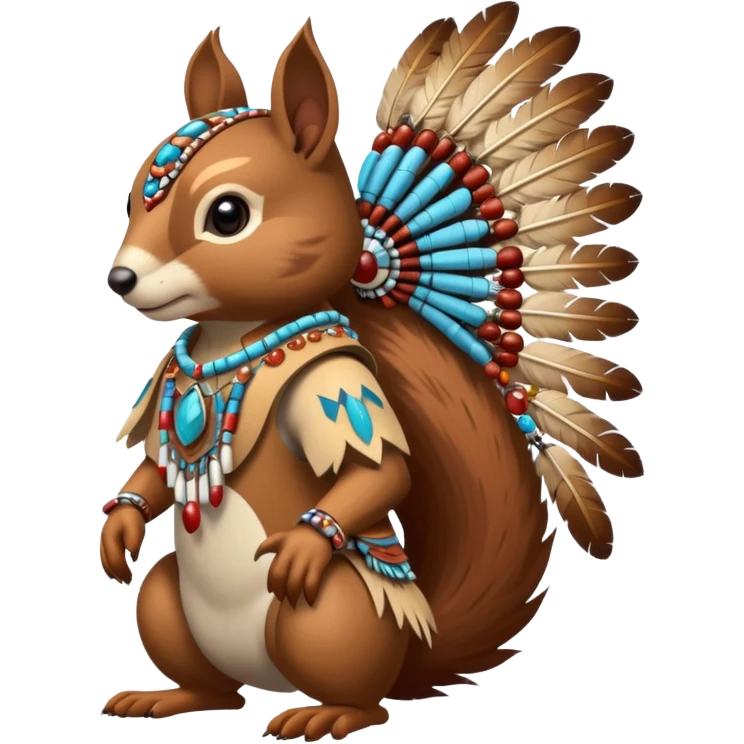 Full Robotic squirrel wearing native American regalia with feathers and beads emoji