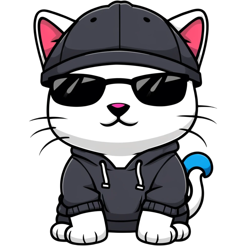 cat wearing a black snapback cap and black hoodie, with black sunglasses positioned low on his nose, looking directly at the viewer over the top of his sunglasses with a cool expression, doing graffiti with spray paint emoji