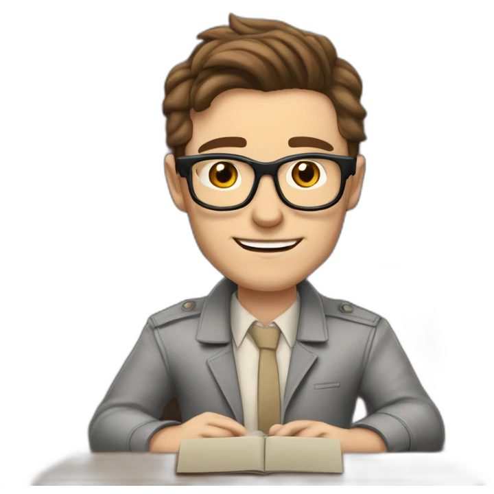 Pale skinned Fit Man With dark brown hair in gray jacket, beige office shirt, Brown pants and vintage glasses In the joke cap sitting In a soft chair with a notebook and a pen  emoji