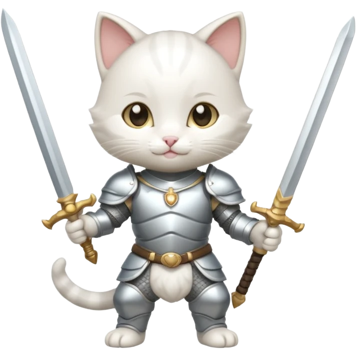 baby chibi white cat in silver armor, full body, smile, hold sword emoji