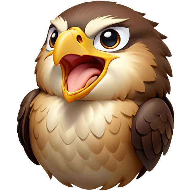 Cinematic Cute Yawning Hawk Portrait Emoji, Head tilted slightly with a dramatic, wide-open yawn, showcasing a robust, agile form with a softly drooping beak and sleepy, half-closed eyes, Simplified yet irresistibly adorable features, highly detailed, glowing with a soft, cozy glow, high shine, relaxed yet expressive, stylized with a dash of whimsical aerial charm, soft glowing outline, capturing the essence of a drowsy yet affectionate hawk that appears ready to stretch out for a nap! emoji
