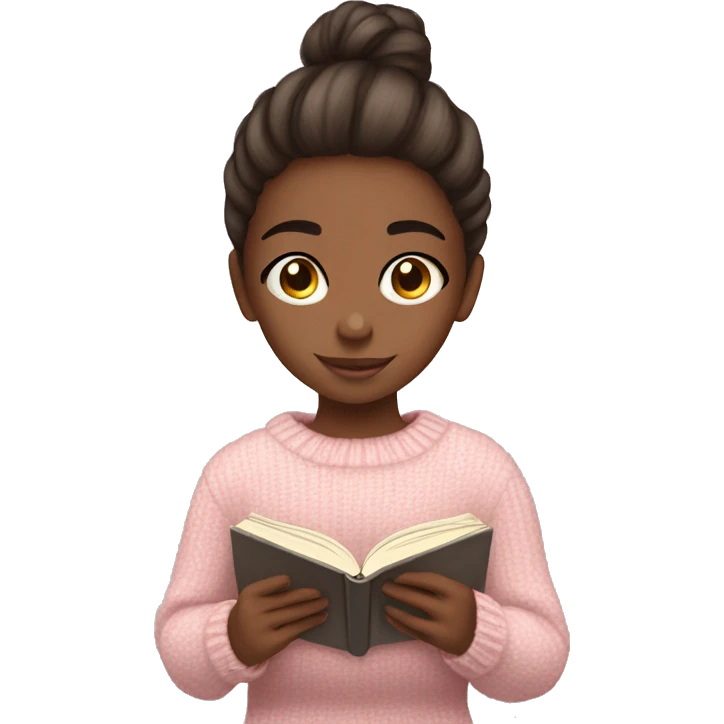 Pretty brown eyed girl with light pink sweater reading cozy emoji