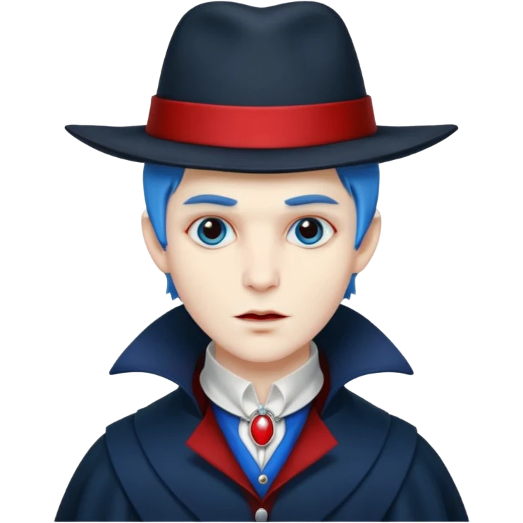 Vampire with blue hat,black coat with read collared ,full body. emoji