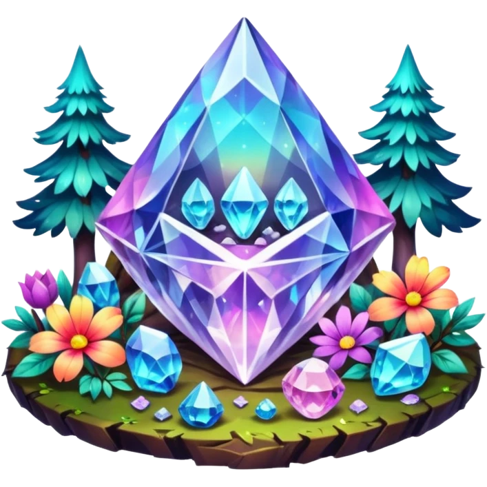crystals diamonds with runes in forest and flowers emoji
