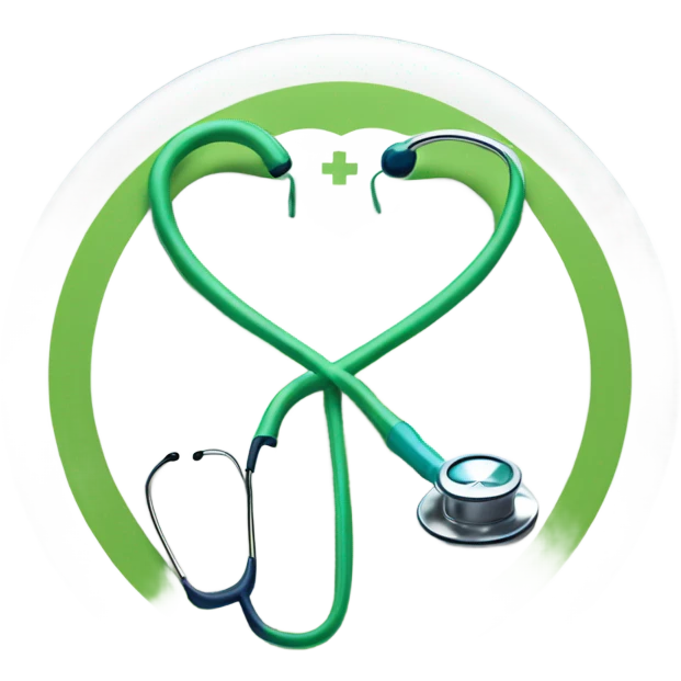 "Create a minimalistic emoji featuring a medical cross, a stethoscope, and a heart, using blue, green, and white to symbolize trust, health, and care emoji