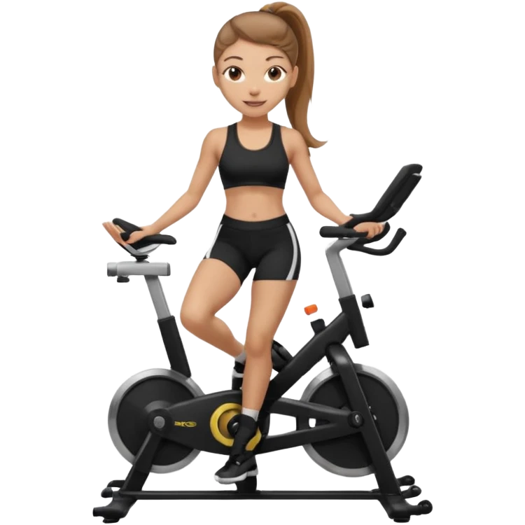 Light skin girl with long light brown hair in a pony tail, black workout set leaning on a indoor spin bike with NO HELMET,  emoji